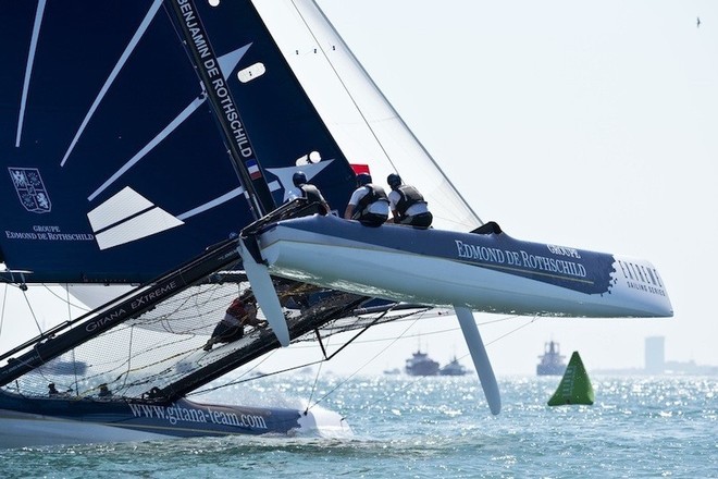 Groupe Edmond de Rothschild flies a hull during Act 3, Istanbul - Extreme Sailing Series 2012 ©  Vincent Curutchet / Dark Frame http://www.extremesailingseries.com/